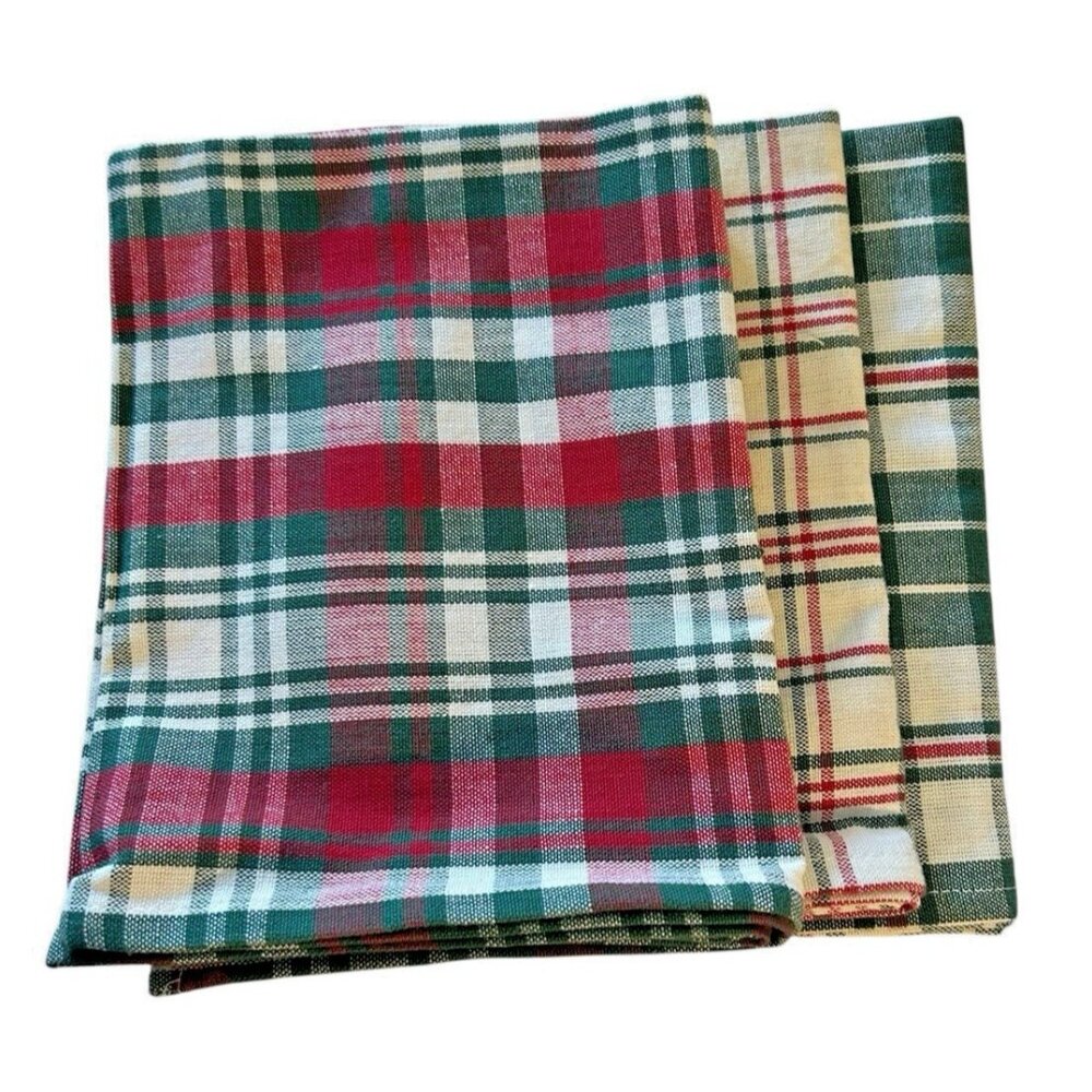 Set 3 Woven Cotton Green Red White Plaid Kitchen Towel Vintage Country Cabin NOS